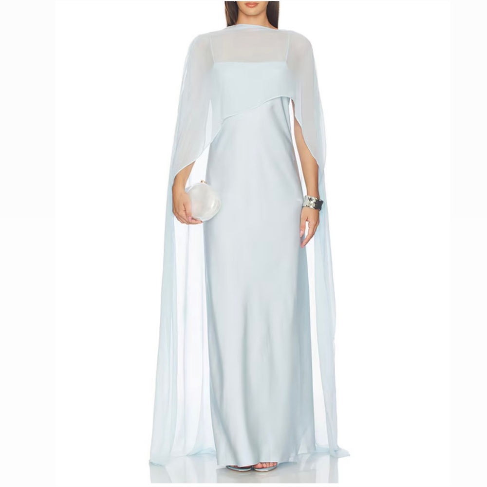 New L’academie Evolet light blue satin gown with matching cape